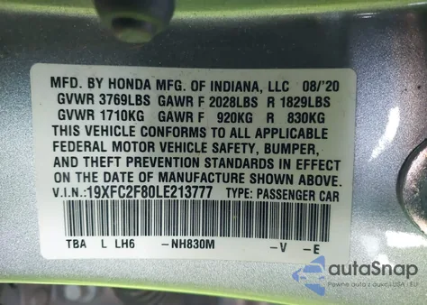 2020 Honda Civic Sport z USA, uszkodzony, nr VIN 19XFC2F80LE213777